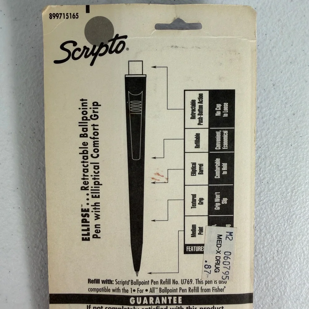 Scripto 3 Pack‎ Ballpoint Pens Ellipse Retractable Medium Point Black Ink 1994